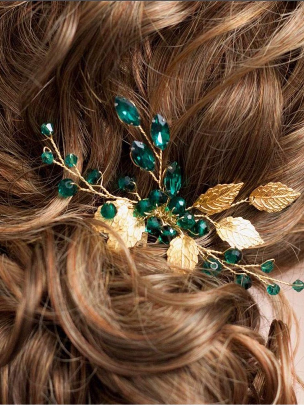 Anthropologie Gold Leaf Hair Pin with Emerald Crystals